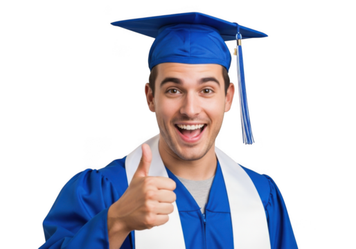 Excited young man wearing blue graduation cap and gown giving thumbs up gesture isolated on transparent background - Powered by Adobe