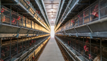 Fototapeta premium Layer chicken cages in long industrial poultry house interior