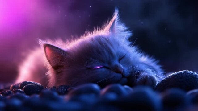 Dreamy Slumber: A serene, fluffy kitten nestled peacefully, bathed in the ethereal glow of a twilight setting, evoking tranquility and comfort. 