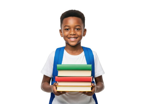 Smiling young african american boy wearing a blue backpack holding a stack of colorful educational books isolated on transparent background
