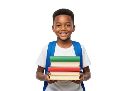 Smiling young african american boy wearing a blue backpack holding a stack of colorful educational books isolated on transparent background