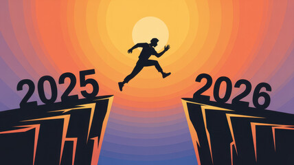 Man jumping from 2025 to 2026 silhouette on cliff concept for new year success and business growth