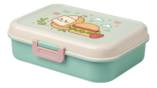 Mini plastic lunchbox, simple rectangular shape, pastel color, closed lid, isolated PNG on transparent background