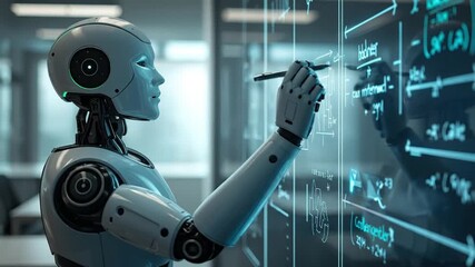 Humanoid AI Robot Solving Complex Scientific Equations on a Transparent Digital Screen in a Modern Laboratory, Symbolizing Advanced Technology and ... - Powered by Adobe