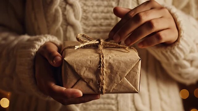 Woman Holding Wrapped Gift Box with Golden String and Bokeh Lights in Soft Warm Lighting