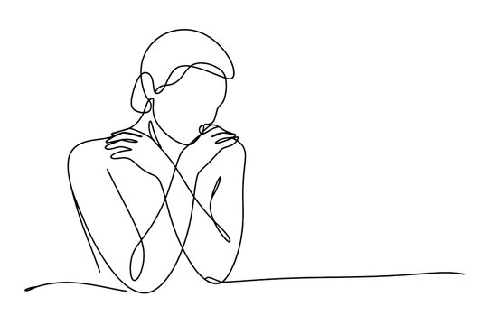 Elegant single line drawing captures a woman embracing herself, conveying comfort, self care, and introspection in a minimalist style.