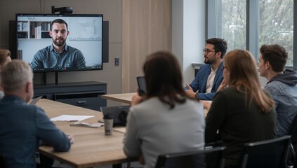 Group Meeting in a Conference Room With Virtual Participant on Screen During Video Call