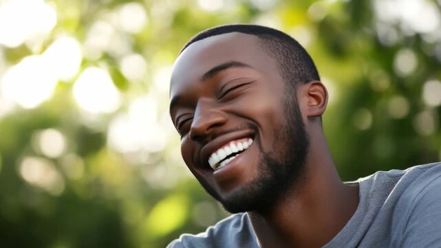 Radiant Smile and Joyful Pose: An African descent person exudes pure happiness, his wide, genuine smile illuminating his face, framed against a blurred, vibrant outdoor backdrop.