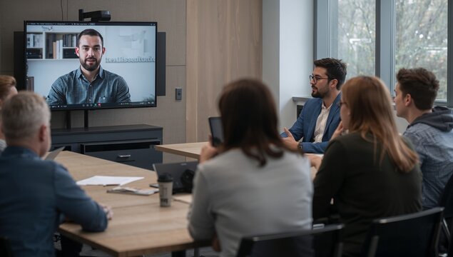 Group Meeting in a Conference Room With Virtual Participant on Screen During Video Call