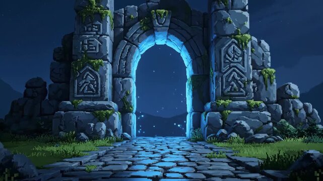 Pixelated Portal: Journey Through a Glowing, Ancient Stone Archway