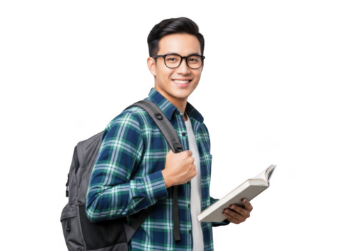 Young asian male student with glasses and backpack smiling holding a book isolated on transparent background