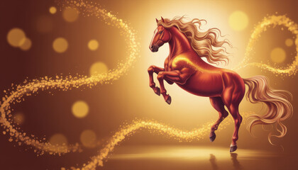 Fiery red horse rearing up digital painting with golden light trails fantasy illustration