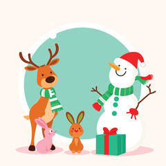 Naklejka premium Cute cartoon deer snowman and two bunnies wearing scarves and santa hat celebrating winter season holiday with a present against a light blue circle background