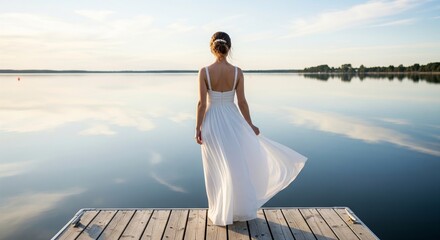 A woman in a flowing white dress stands on a wooden pier, gazing across a tranquil lake at sunrise or sunset.
