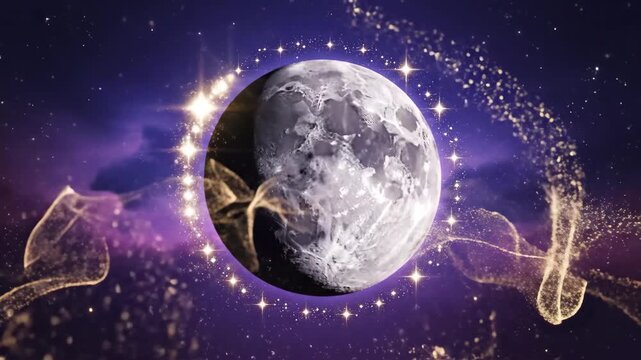 Full moon and glowing celestial patterns against dark night sky
