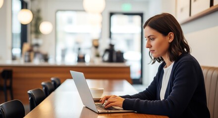 A focused young woman works on her laptop at a long wooden table in a modern, well-lit cafe or co-working space.