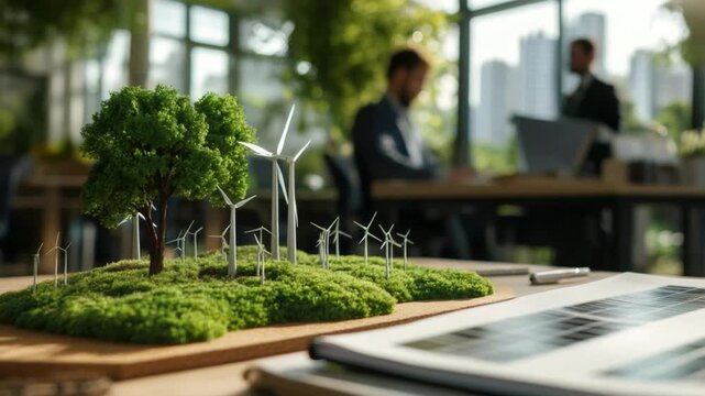 Eco-Friendly Business Vision: A modern office setting highlights the future of green business with a miniature ecosystem, wind turbines, and a solar panel. 