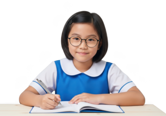 Young asian student wearing glasses and school uniform diligently writing in a book isolated on transparent background