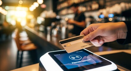 Customer making a contactless credit card payment at a modern point-of-sale terminal in a cafe.