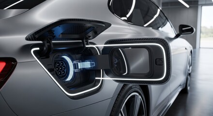 Close-up of an electric car's charging port with the connector plugged in, highlighted by glowing white lines.