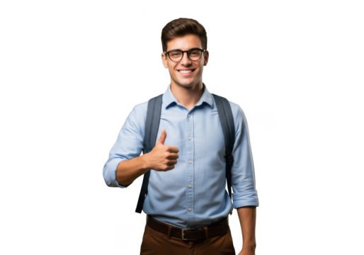 Young man wearing glasses and backpack giving a thumbs up gesture isolated on transparent background