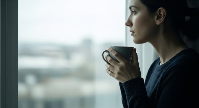 A pensive woman holding a mug looks out a window on a cloudy day, deep in thought.