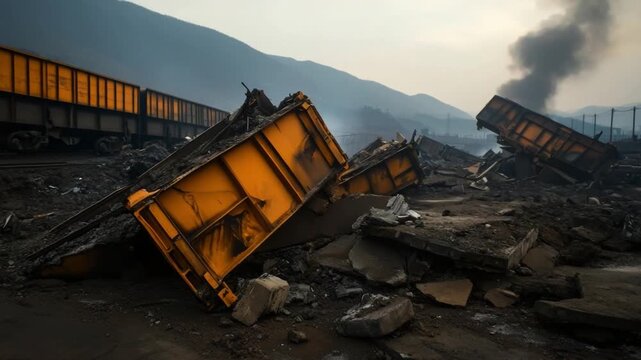Railway Disaster: A scene of devastation unfolds as derailed railway cars lie scattered amidst debris, with smoke billowing in the background, a stark reminder of industrial accidents.