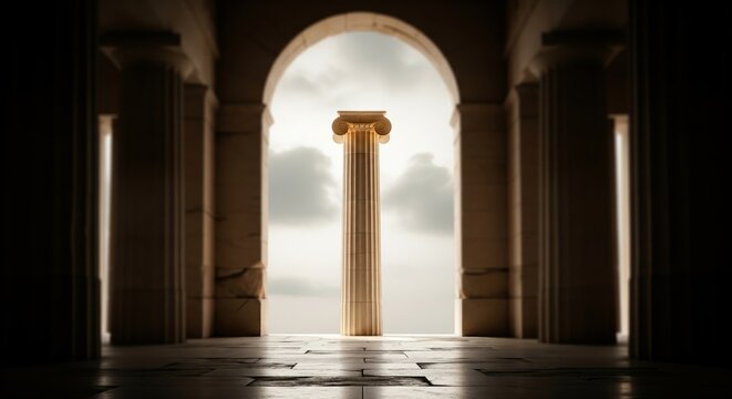 A dramatic view through an ancient archway framing a solitary classical column against a bright, cloudy sky, evoking history and architectural grandeur.