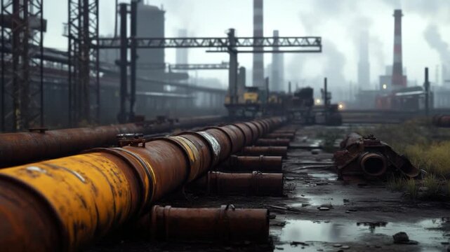 Rust Belt Reflections: The industrial landscape is a stark testament to the relentless march of progress, the scene a symphony of decay and resilience, where iron pipes snake across a landscape.