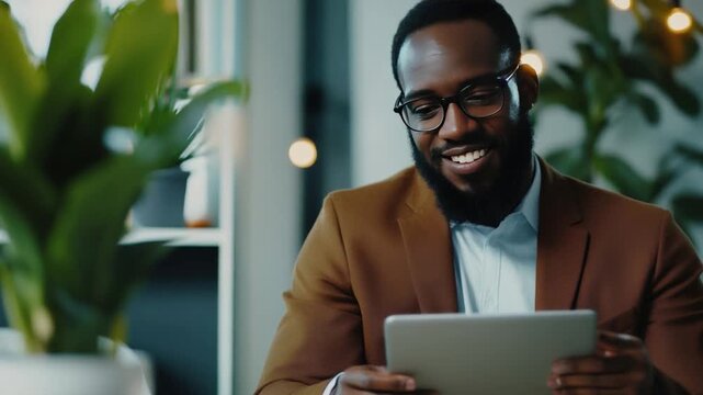 Modern Professional Using Tablet: A composed African professional, adorned in glasses, is immersed in using a tablet.