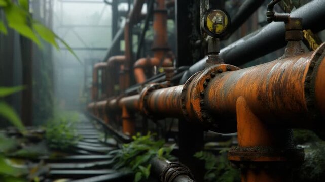 Industrial Pipeline Panorama: A weathered and rusty industrial pipeline stretches into the misty distance, interwoven with lush vegetation, a testament to the intersection of nature and industry.