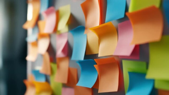 Colorful Thoughts: An abstract display of vibrant sticky notes, each bearing a hint of hidden thoughts, ideas, or reminders, clustered together to symbolize organization and a collaborative mindset.