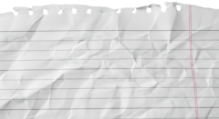 Crumpled white lined notebook paper texture background with torn edge and binder holes isolated on transparent background