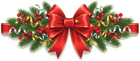 Elegant Red Christmas Bow and Evergreen Garland Decoration with Berries and Ribbons, Perfect for Festive Holiday Season Designs and Celebrations