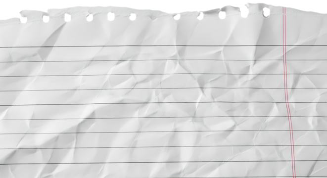 Crumpled white lined notebook paper texture background with torn edge and binder holes isolated on transparent background