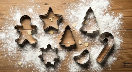 Assortment of festive Christmas cookie cutters on a flour-dusted wooden table, ready for holiday baking.