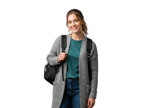 Young caucasian female student smiling wearing a grey cardigan and backpack isolated on transparent background