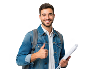 Smiling young man with backpack and book giving thumbs up gesture isolated on transparent background