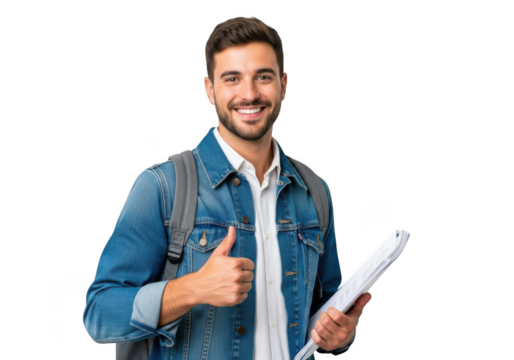 Smiling young man with backpack and book giving thumbs up gesture isolated on transparent background