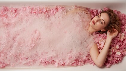 Relaxing Woman in Bathtub Filled With Rose Petals and Bubbles During a Serene Afternoon