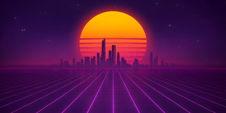 Retro futuristic cityscape with a glowing sun vaporwave style illustration for 80s themed designs perfect for posters and digital art