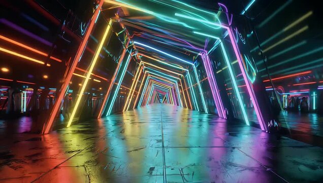 Seamless loop 4K 3D render showcasing an endless corridor defined by bright neon lines that converge and ascend reflected perfectly on a metal reflective and scratched floor creating a modern
