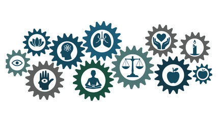 Interlocking gears with various icons representing human well-being, health, and balance on a white background