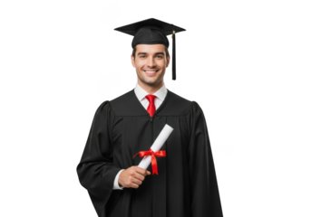 Smiling young man wearing graduation cap and gown holding diploma scroll isolated on transparent background