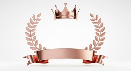 Rose-Gold Crown Emblem with Laurel Wreath and Ribbon Banner on White Background for Premium Award, Luxury Label, or Elegant Frame Design
