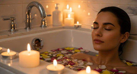 Serene woman enjoys a relaxing candlelit bath with colorful rose petals for spa and self-care