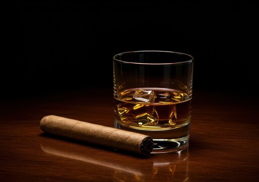 A glass of aged golden whiskey, sometimes called scotch or bourbon, paired with a premium tobacco cigar resting on a reflective wooden table ,spirits ,enjoyment ,leisure