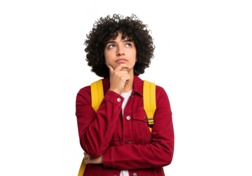 Young person with curly hair wearing a red shirt and yellow backpack contemplating with chin on hand isolated on transparent background