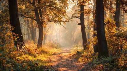 Fototapeta premium Misty Autumn Morning in the Woods — Forest Path and Fall Foliage Scene for Calm Nature Concepts
