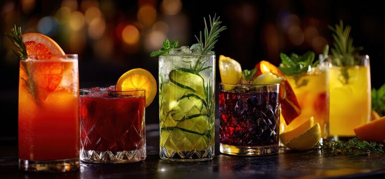 Colorful and Refreshing Cocktails - A Vibrant Mixology Display.